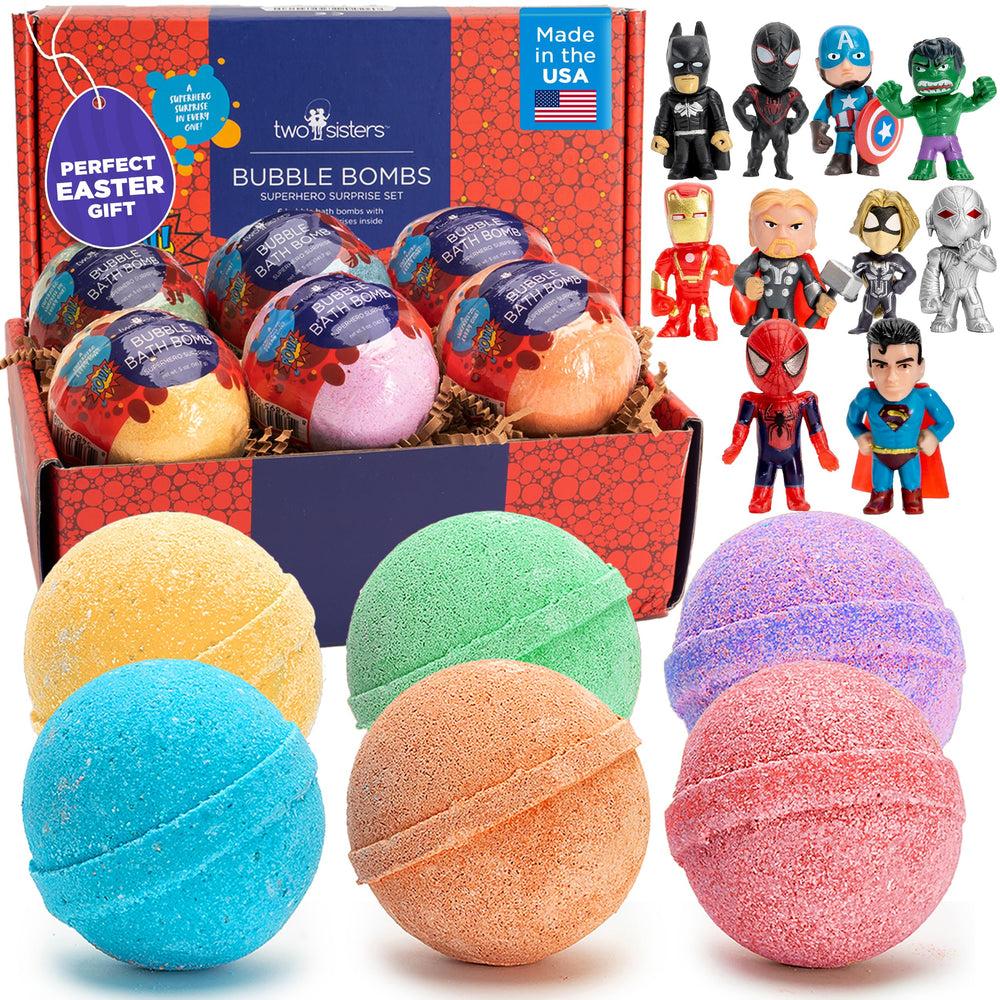 Two Sisters superhero bath bomb with toy inside, colorful bubbles for kids' bath time.