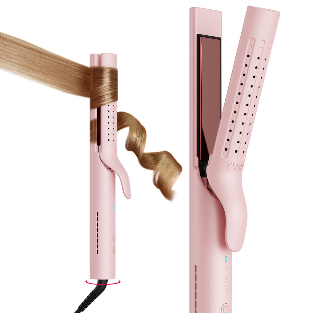 TYMO Airflow 2.0 curling iron pink front view showing durable curl styling possibilities.