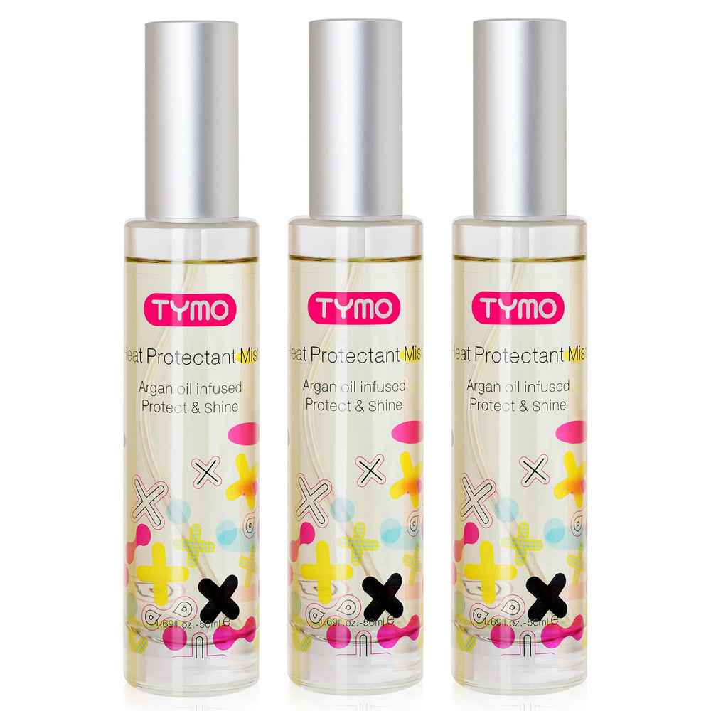 TYMO heat protectant bottle with argan oil for high-heat styling protection.