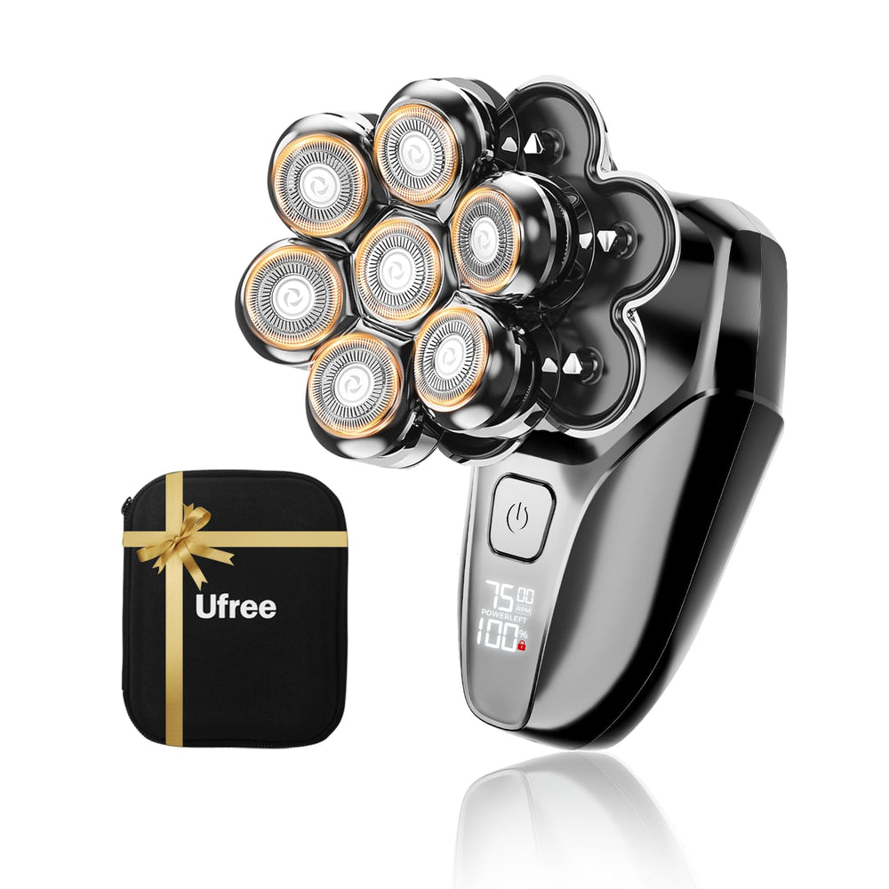 Ufree 7D head shaver close-up showing rotating blades for a smooth shave