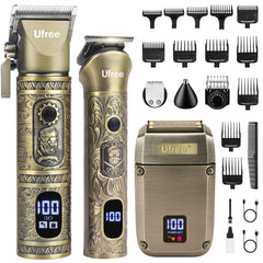 Ufree beard trimmer and hair clippers set in a sleek home grooming setup, cordless versatility.