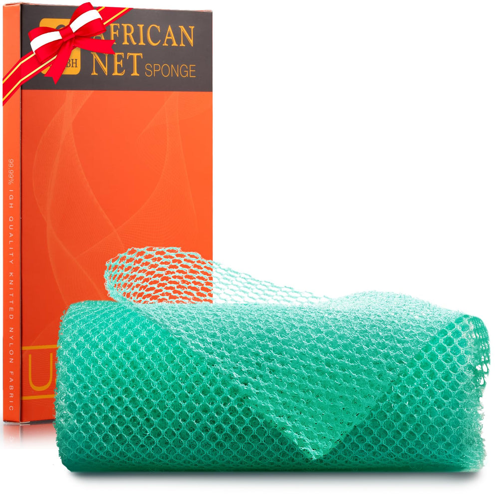 UJFQBH African net long bath sponge for full-body cleansing and back reach.