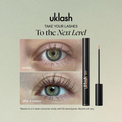 UKLASH Eyelash Growth Serum ingredient panel highlighting peptide complex for stronger lashes.