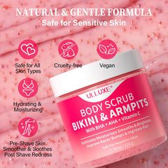 ulluxe exfoliante ingredientes clave: AHA, BHA y vitamina C para renovación suave.