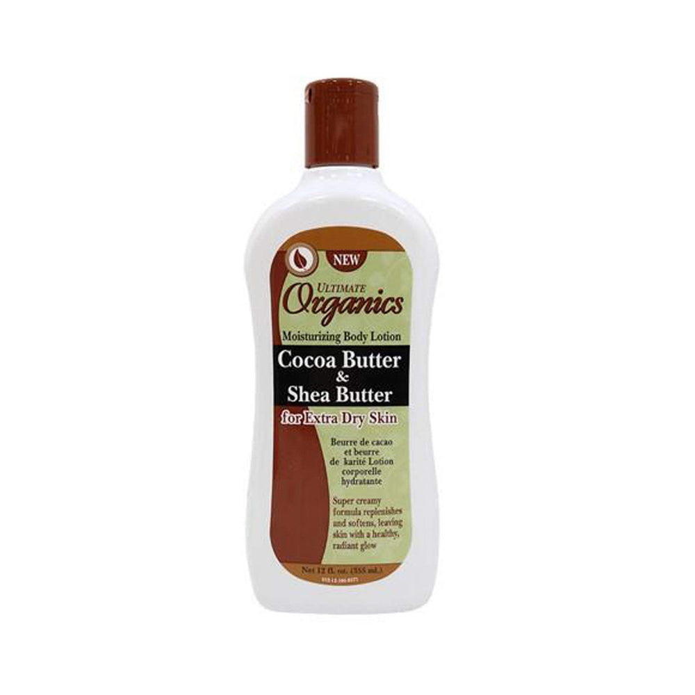 Ultimate Organics manteca cacao karité en envase de 355 ml, hidratación suave para la piel.