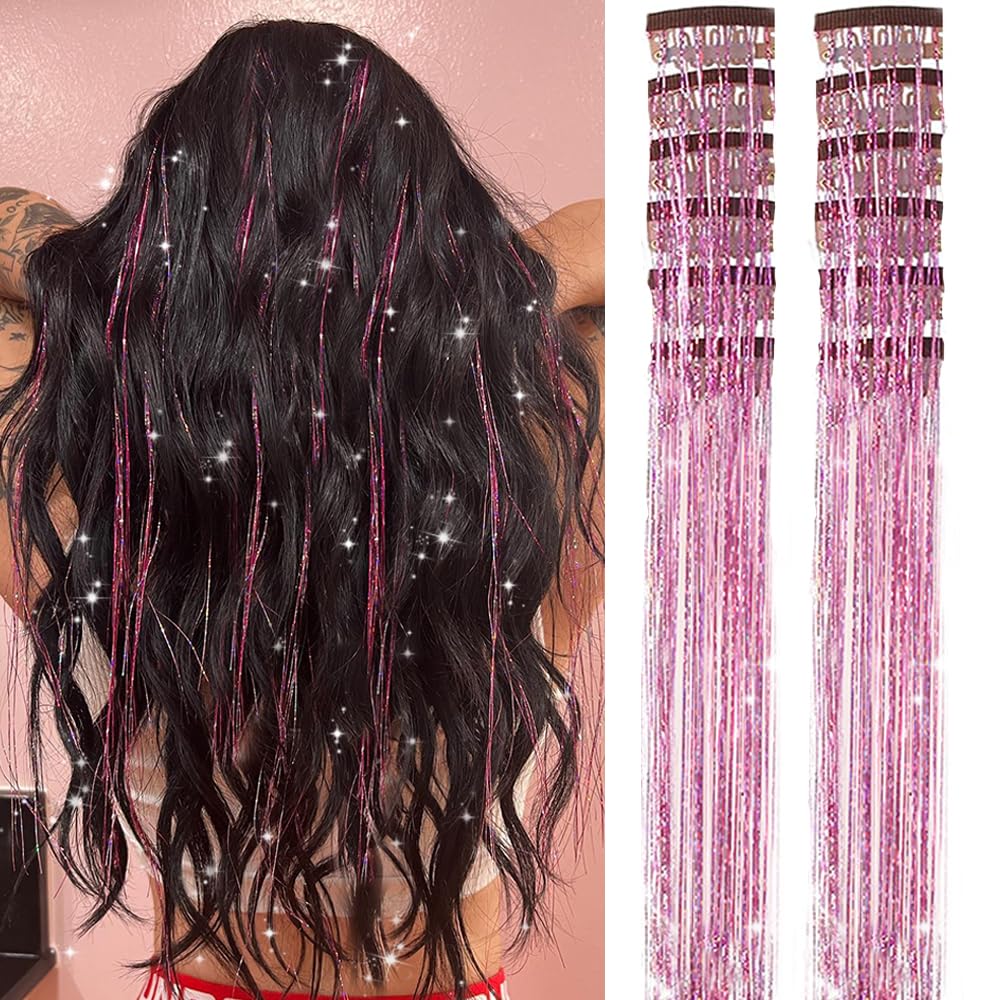 Umylar pink hair tinsel close-up adds festive sparkle to your style.