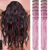 Umylar pink hair tinsel close-up adds festive sparkle to your style.