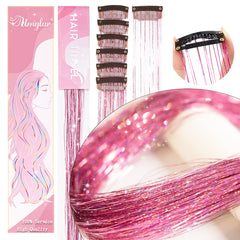 Umylar pink hair tinsel clipped into hair for dramatic shine.