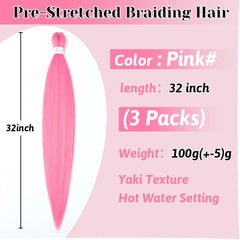 Umylar pink braiding hair 32 inch, ready for hot water styling and reshaping