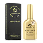UNA GELLA 6-in-1 nail glue bottle close-up showing ultra-strong bonding.