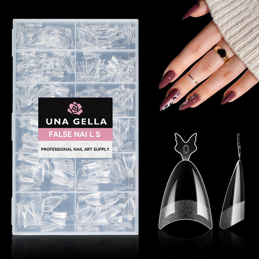 UNA GELLA almond nail tips with butterfly handle offer precise sizing and quick application.