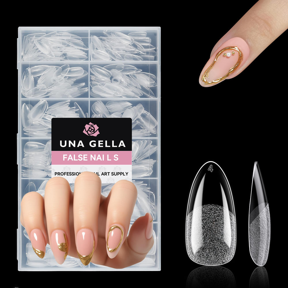 UNA GELLA medium almond nail tips – full cover clear for seamless extensions.