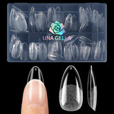 UNA GELLA almond nail tips close-up showing strong adhesion and clear cover.