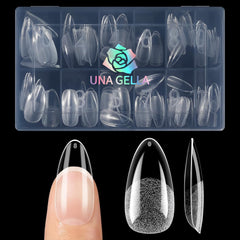 UNA GELLA almond nail tips close-up showing strong adhesion and clear cover.