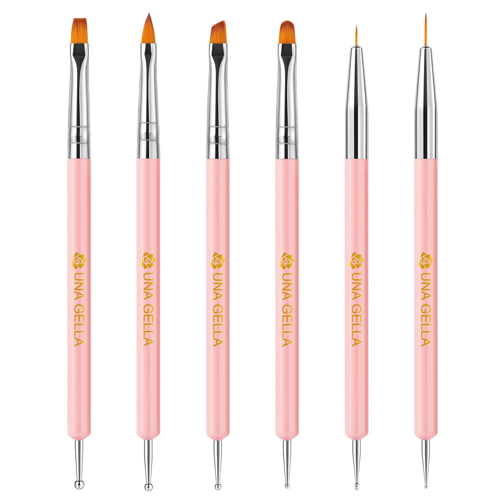 UNA GELLA Nail Art Brushes Set: 6-piece pink kit for versatile DIY nail designs.