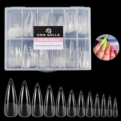 UNA GELLA Stiletto XXL nail tips in full-cover packaging for easy at-home extensions.