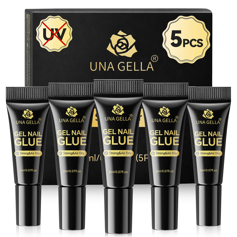 UNA GELLA super-strong nail glue image close-up showing five-pack tubes for quick fixes