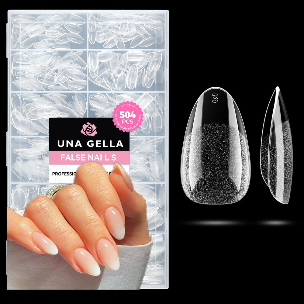 UNA GELLA tips ovalados almendra, cobertura clara para extensión de uñas.