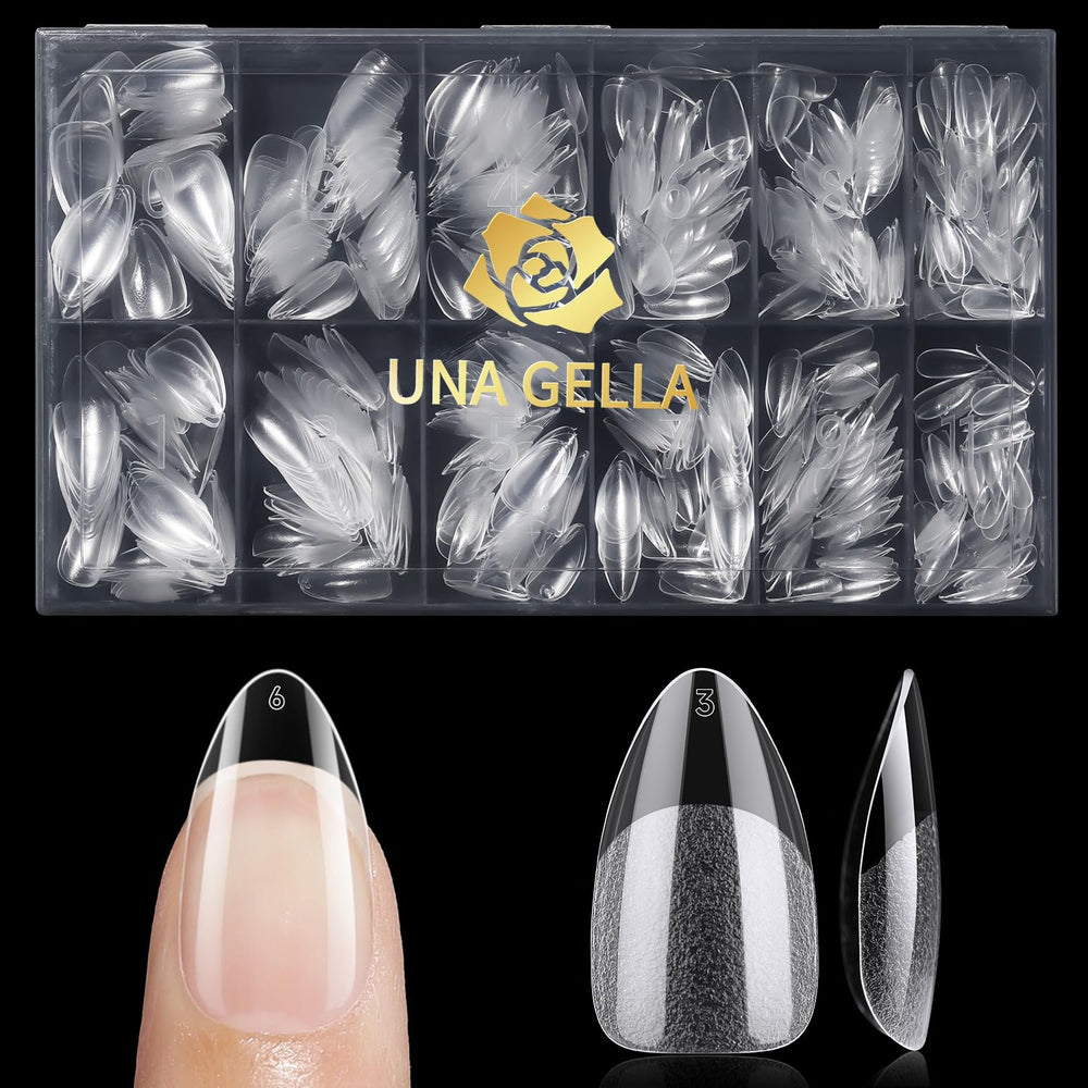 UNA GELLA tips de uñas almendra corta, vista frontal, lista para aplicar sin dañar la uña natural.