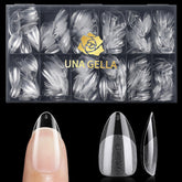 UNA GELLA tips de uñas almendra corta, vista frontal, lista para aplicar sin dañar la uña natural.