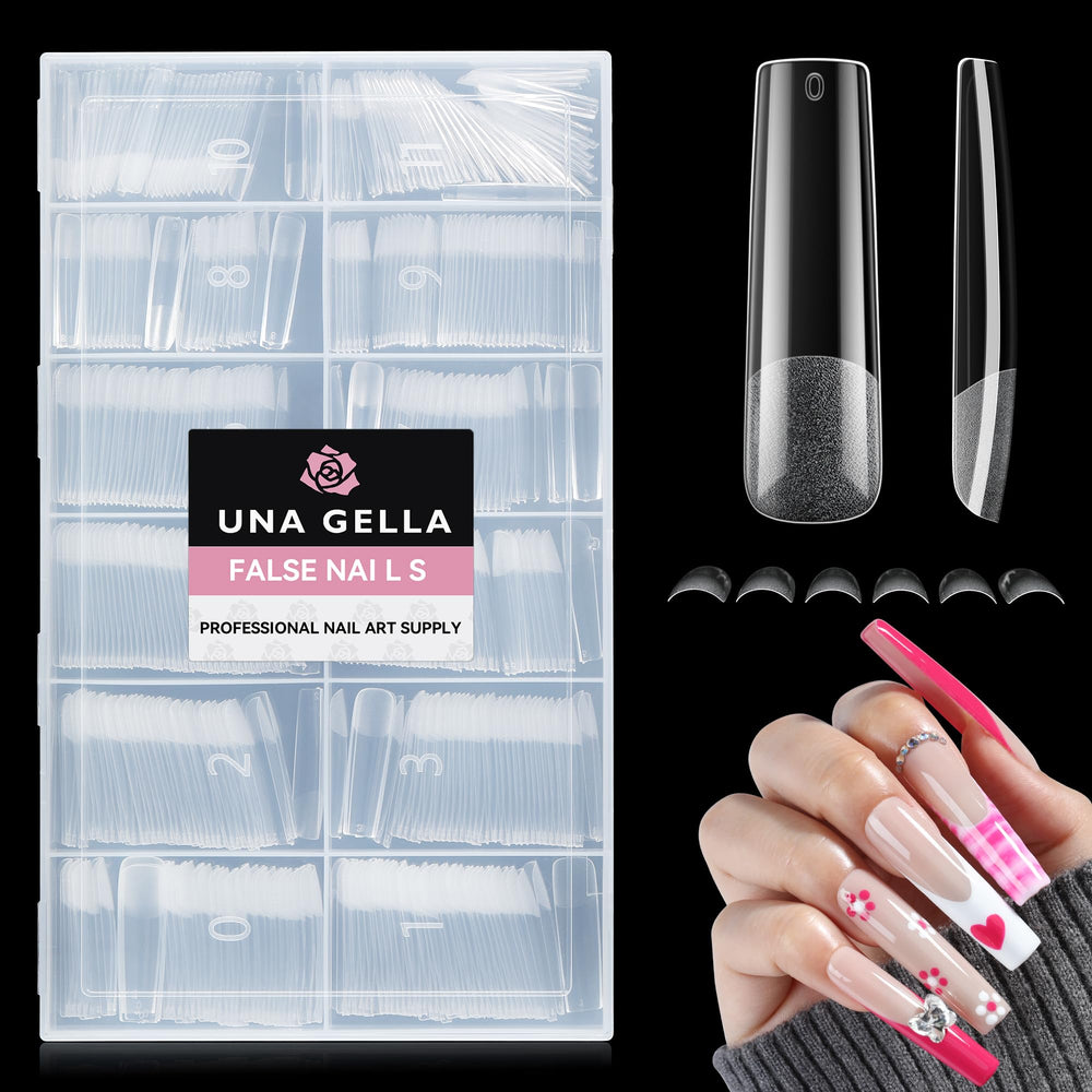 UNA GELLA tips uñas cuadradas XXL, acabado claro para extensiones duraderas.