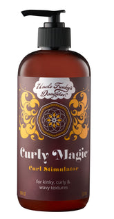 Uncle Funky's Daughter Curly Magic Stimulator bottle pour demonstrates even distribution for defined curls.