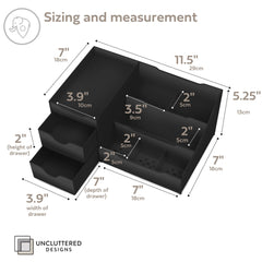 Open drawer reveals deep compartments for cosmetics and grooming items
