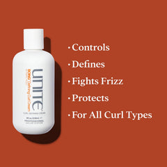 UNITE BOING Defining Curl Cream applying to hair demonstrates curl definition and moisture delivery