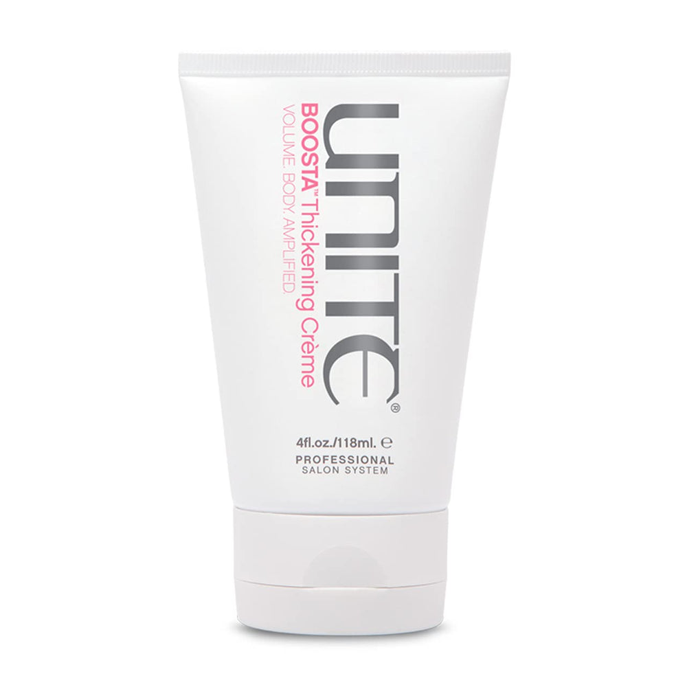 UNITE BOOSTA Thickening Crème bottle showing a lightweight formula for thicker, fuller hair.