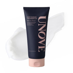 UNOVE Deep Damage Repair Mask jar close-up highlighting keratin-rich formula for damaged hair.
