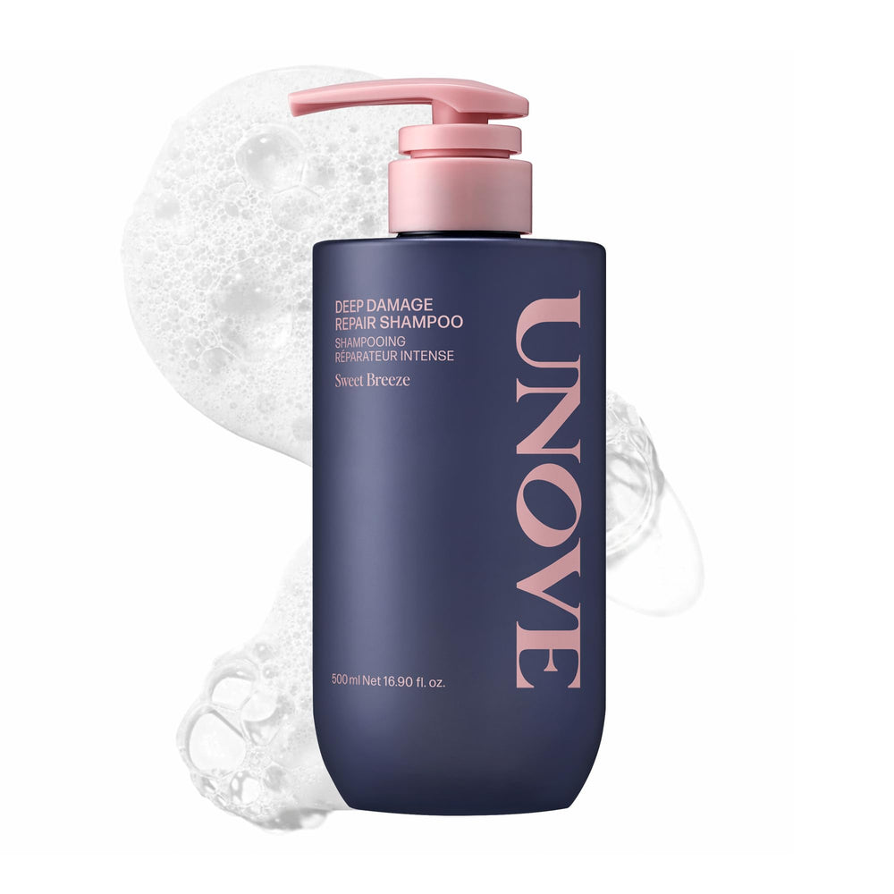 UNOVE Deep Damage Repair Shampoo bottle highlights keratin-friendly formula for damaged hair.