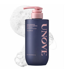 UNOVE Deep Damage Repair Shampoo bottle highlights keratin-friendly formula for damaged hair.
