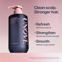 UNOVE Deep Damage Repair Shampoo rich foam demonstrates gentle cleansing for scalp.