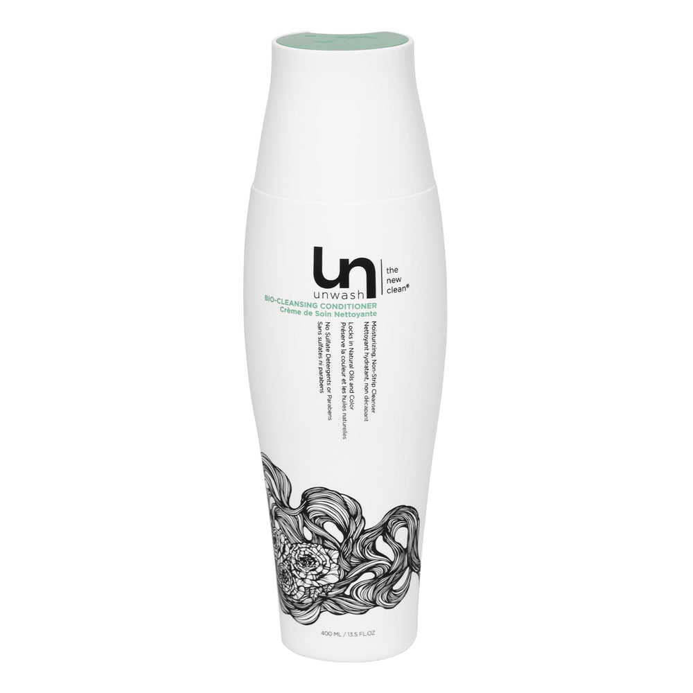 Unwash Bio-Cleansing Conditioner bottle shows hydrating formula for curly hair