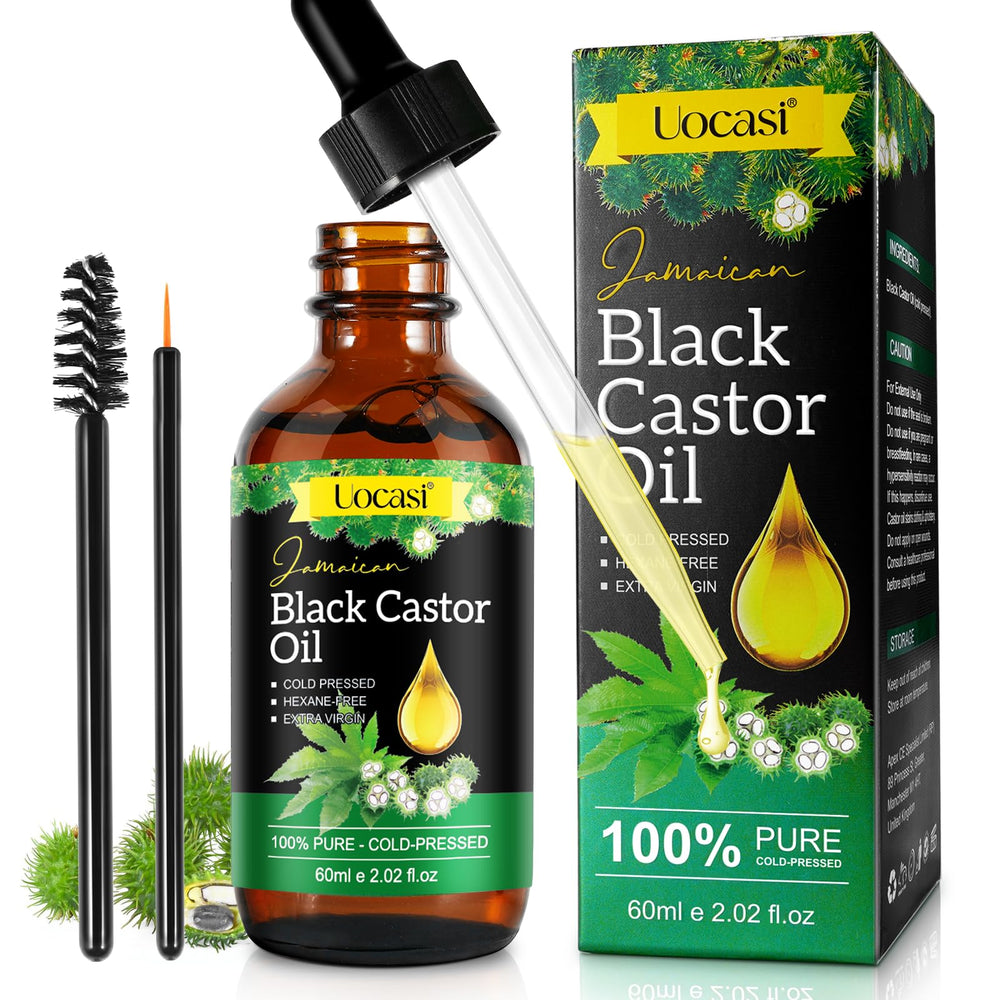 Uocasi Aceite de Ricino Negro Jamaicano en bote de cristal para pureza y uso diario.