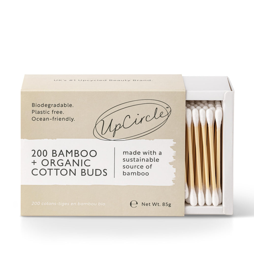 UpCircle bamboo cotton buds in a recyclable box for sustainable bathroom use.