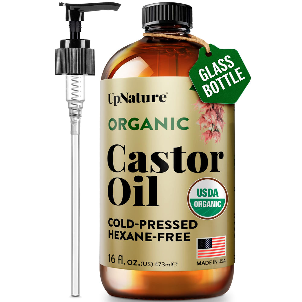 UpNature Castor Oil bottle with pump for easy facial and hair care.
