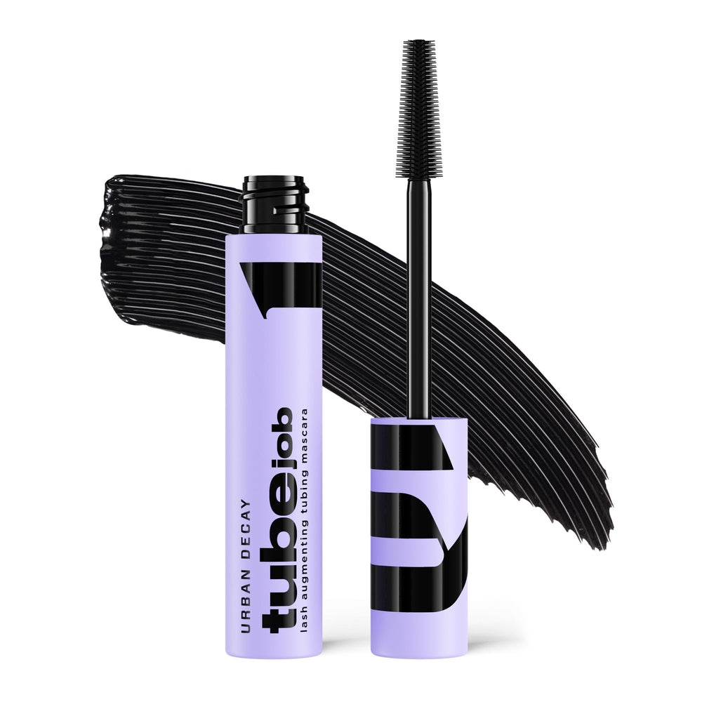 Urban Decay Tube Job Lash bottle closeup with serum-infused lift for defined lashes.