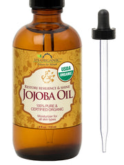 US Organic Jojoba Oil bottle front displaying pure organic formula for skincare.