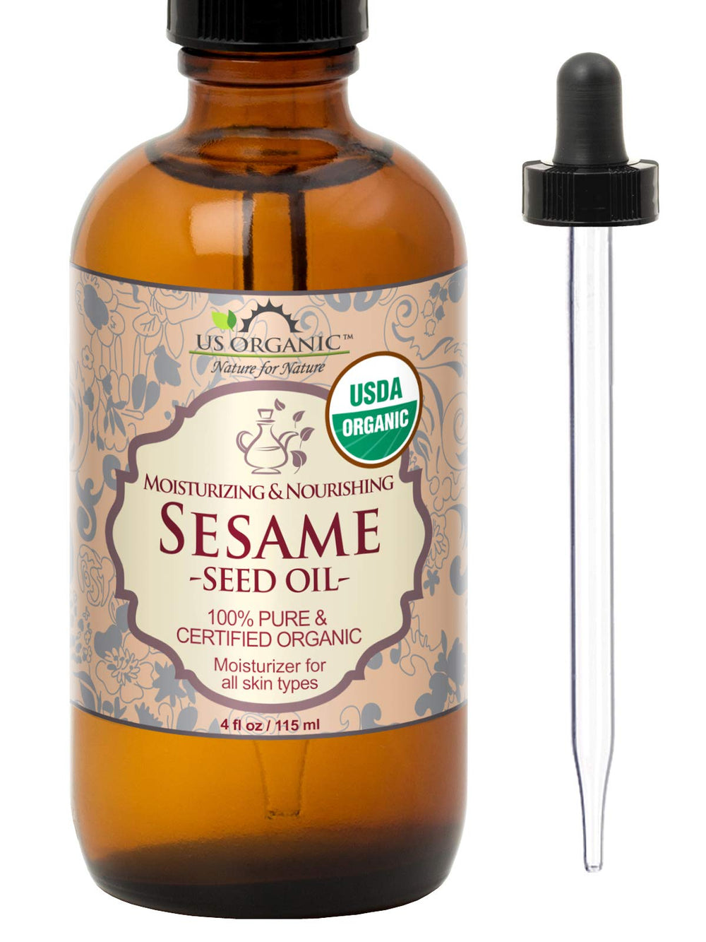 US Organic sesame seed oil bottle with pour spout for skin hydration