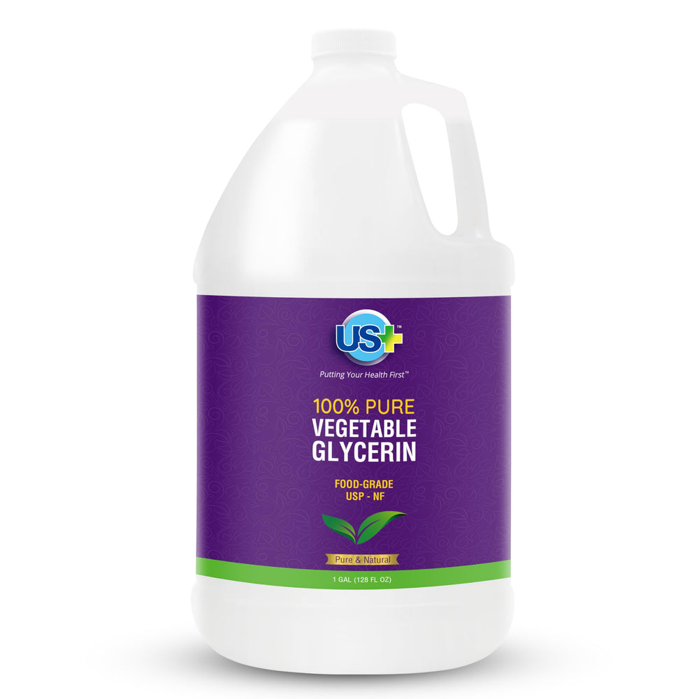 US+ vegetable glycerin bottle pour shows pure, versatile hydration for skin and crafts.