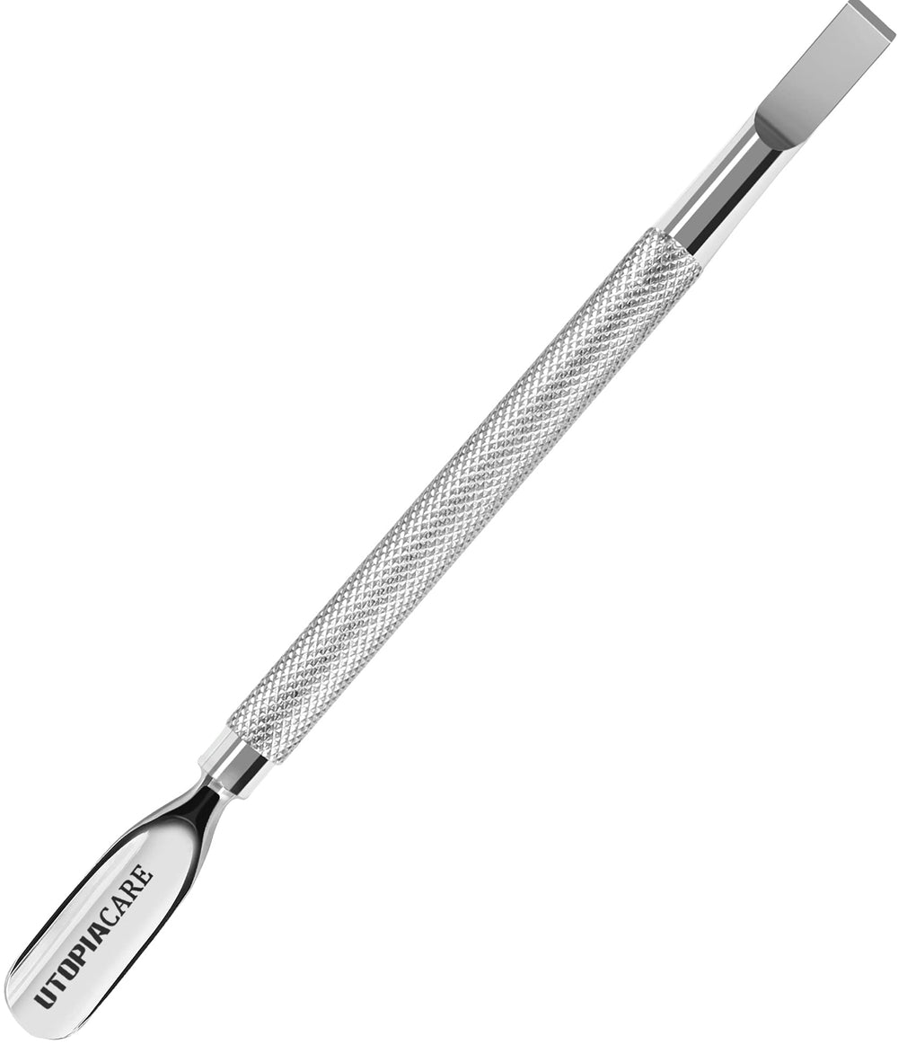 Utopia Care cuticle pusher tool and spoon nail cleaner in angled view for precise cuticle care