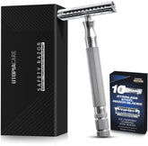 Utopia Care double-edge safety razor handle closeup for precise, comfortable shaving.