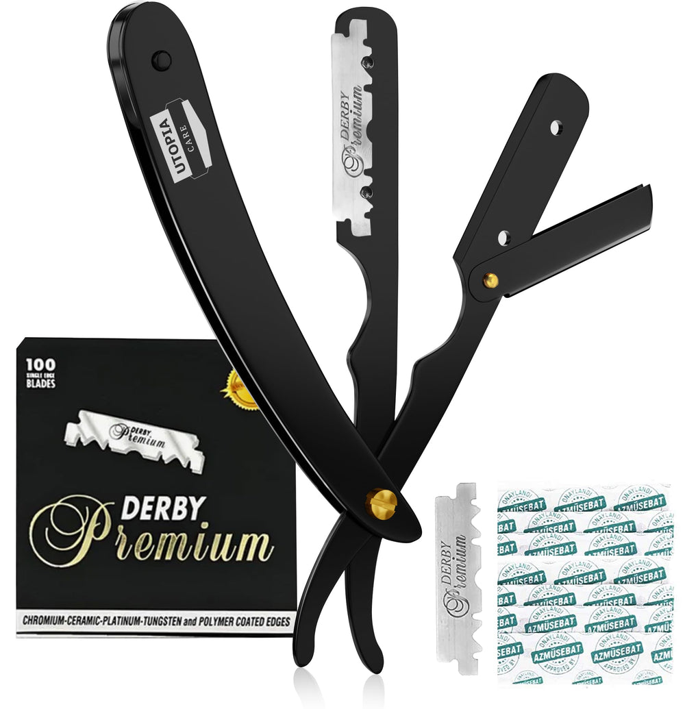 Utopia Care professional straight razor with black handle for precise, close shaving.
