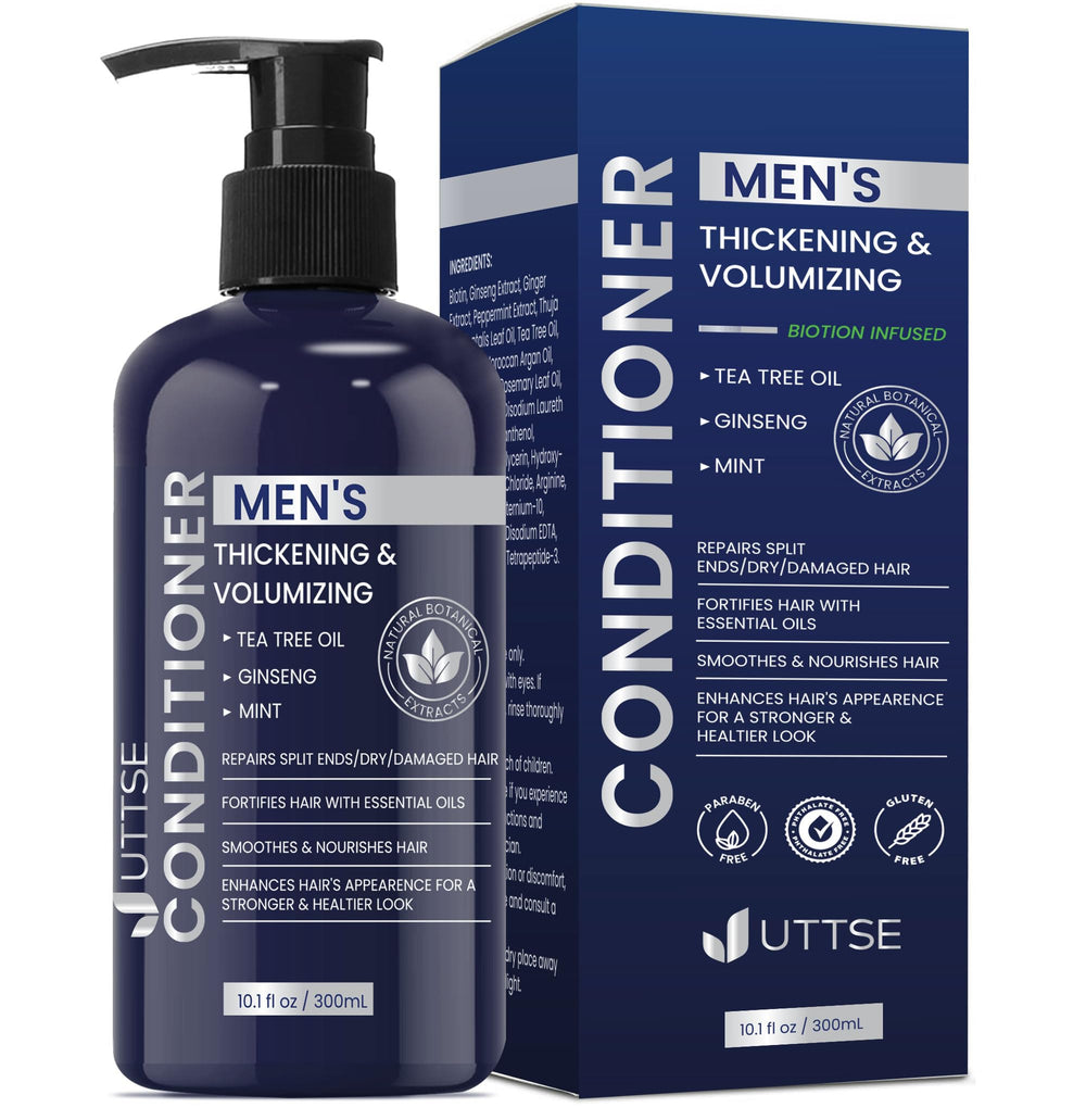 Uttse Biotin Hair Growth Conditioner bottle with tea tree nourishes and refreshes the scalp.