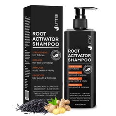 Uttse Root Activator Shampoo for Men bottle front signals daily scalp care and growth support.