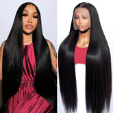 UYGLJK 32-inch straight wig front view with natural look and 13x6 HD lace front for seamless blend.