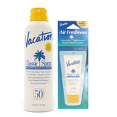 VACATION spray SPF50 en botella, protección solar rápida y duradera.