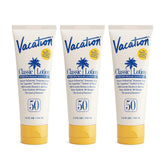 Vacation Classic Sunscreen Lotion SPF 50 bottle with invisible finish on all skin tones.