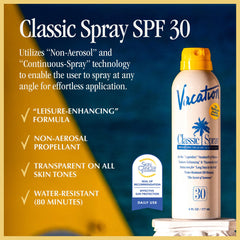 Vacation Classic Sunscreen Spray SPF 30 angled spray demonstrates easy application.